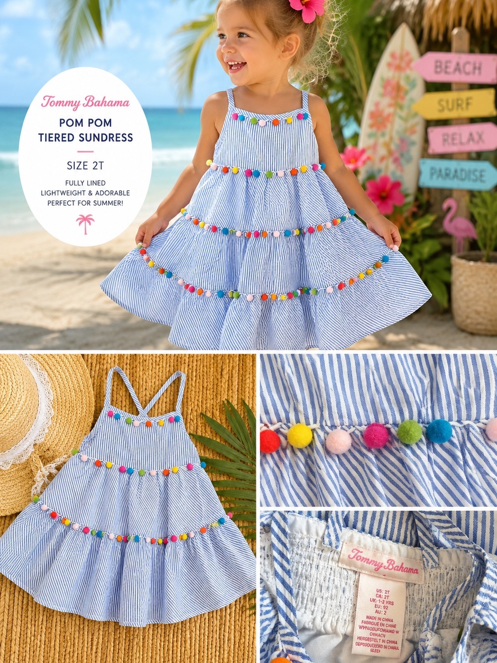 Tommy Bahama Blue & White Striped Pom-Pom Tiered Sundress